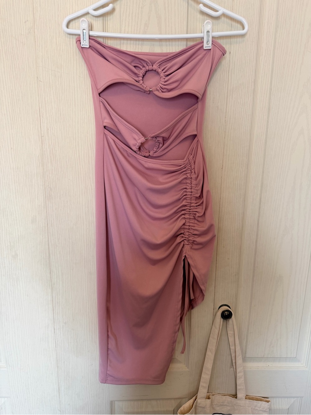 SHEIN Mauve Pink Asymmetrical Cutout Ruched Midi Dress